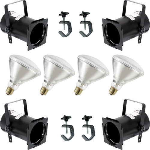 4x PAR 38 Black CAN with 4x 120w BR40 Flood Light bulbs and 4 Heavy Duty C Clamp