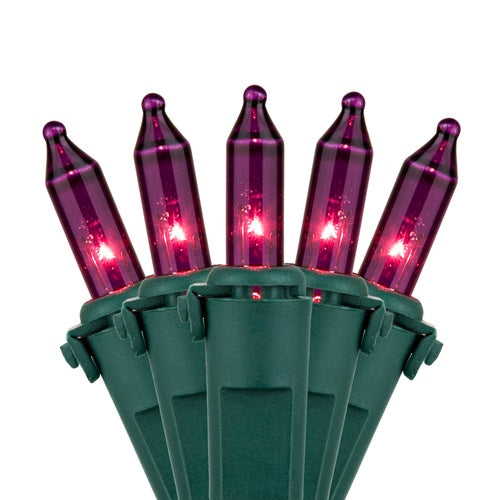 50 Purple Mini Lights, Lamp Lock, Green Wire, 4" Spacing