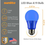 3Pk - Sunlite 3w LED A19 Blue Colored Non-Dimmable Bulb - 25w Equiv - BulbAmerica