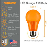 3Pk - Sunlite 3w LED A19 Orange Colored Non-Dimmable Bulb - 25w Equiv - BulbAmerica