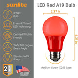 3Pk - Sunlite 3w LED A19 Red Colored Light Non-Dimmable Bulb - 25w Equiv - BulbAmerica