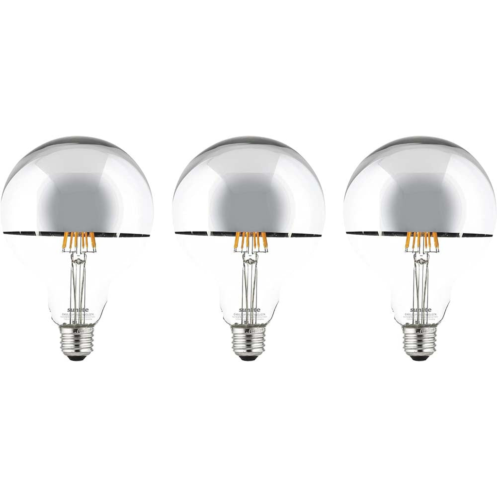 3Pk - Sunlite 7w LED G40 Half Chrome Globe E26 Base 2700K Bulb - 75W Equiv