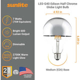 3Pk - Sunlite 7w LED G40 Half Chrome Globe E26 Base 2700K Bulb - 75W Equiv - BulbAmerica