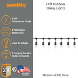 Sunlite 24ft 10.5W LED S14 Waterproof 7 Sockets 2700K Outdoor String Light Bulb - BulbAmerica