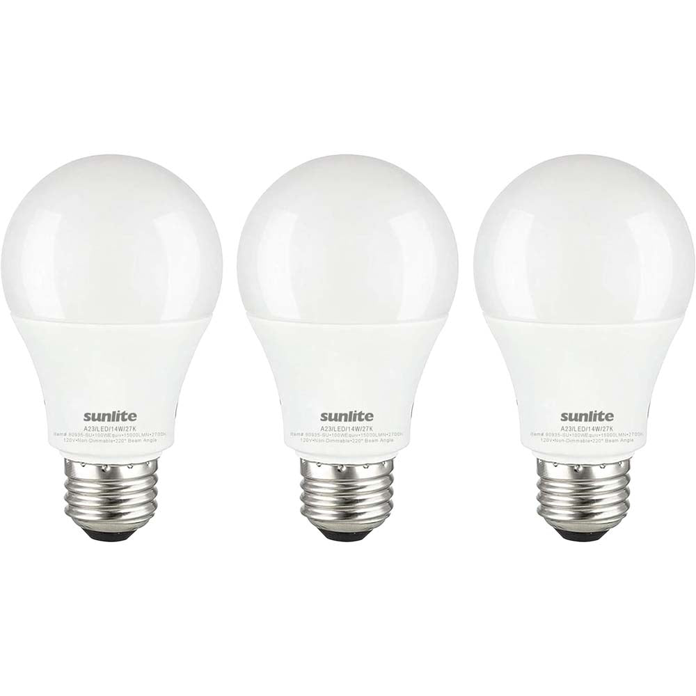 3Pk - Sunlite 14w A19 LED 2700K 1500Lm Non-Dimmable Bulb - 100W Equiv