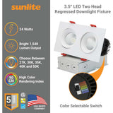 Sunlite 3.5-in 24w LED Two Head Gimbal Downlight Fixture CCT Tunable Dimmable - BulbAmerica