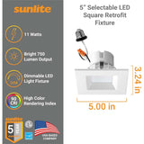 Sunlite 4-In 11w LED Square Retrofit Recessed Downlight CCT Selectable Dimmable - BulbAmerica