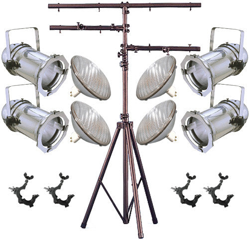 4 Silver PAR CAN 64 1000w PAR64 WFL O-Clamp 9ft Stand