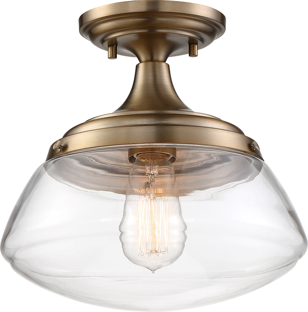 Nuvo 100W A19 Kew Close-To-Ceiling Semi Flush 120v Burnished Brass Clear Shade