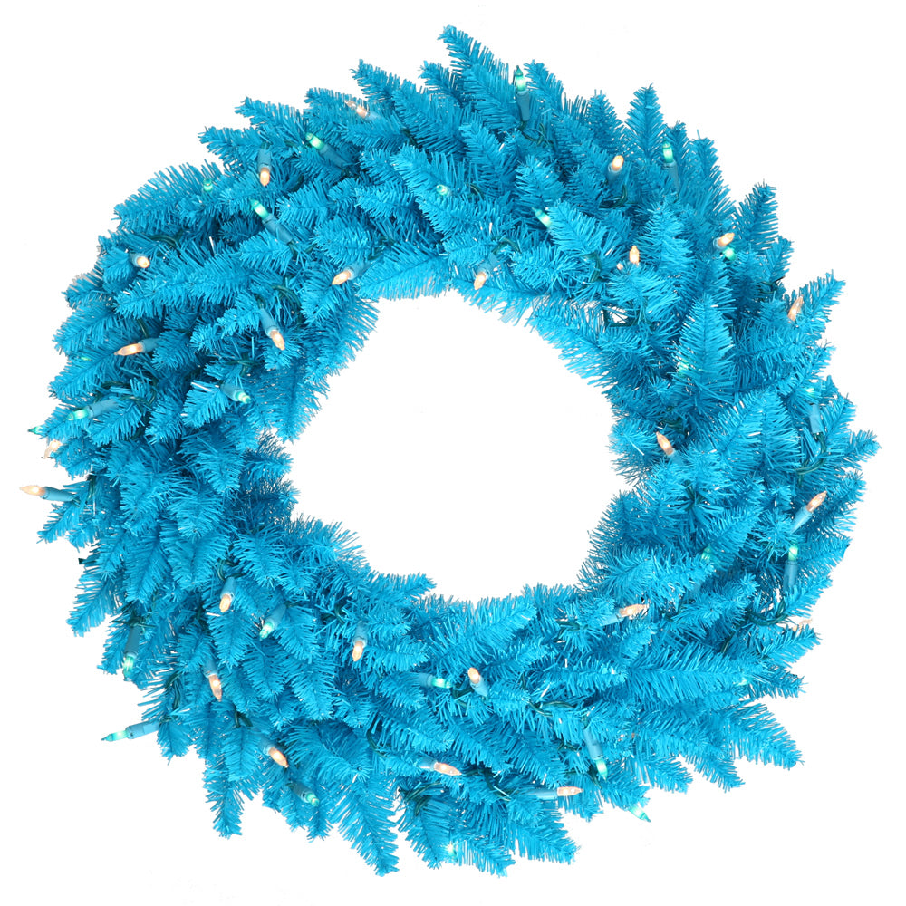 30" Sky Blue Artificial Wreath - 260 PVC Tips 70 Sky Blue Dura-Lit LED Lights