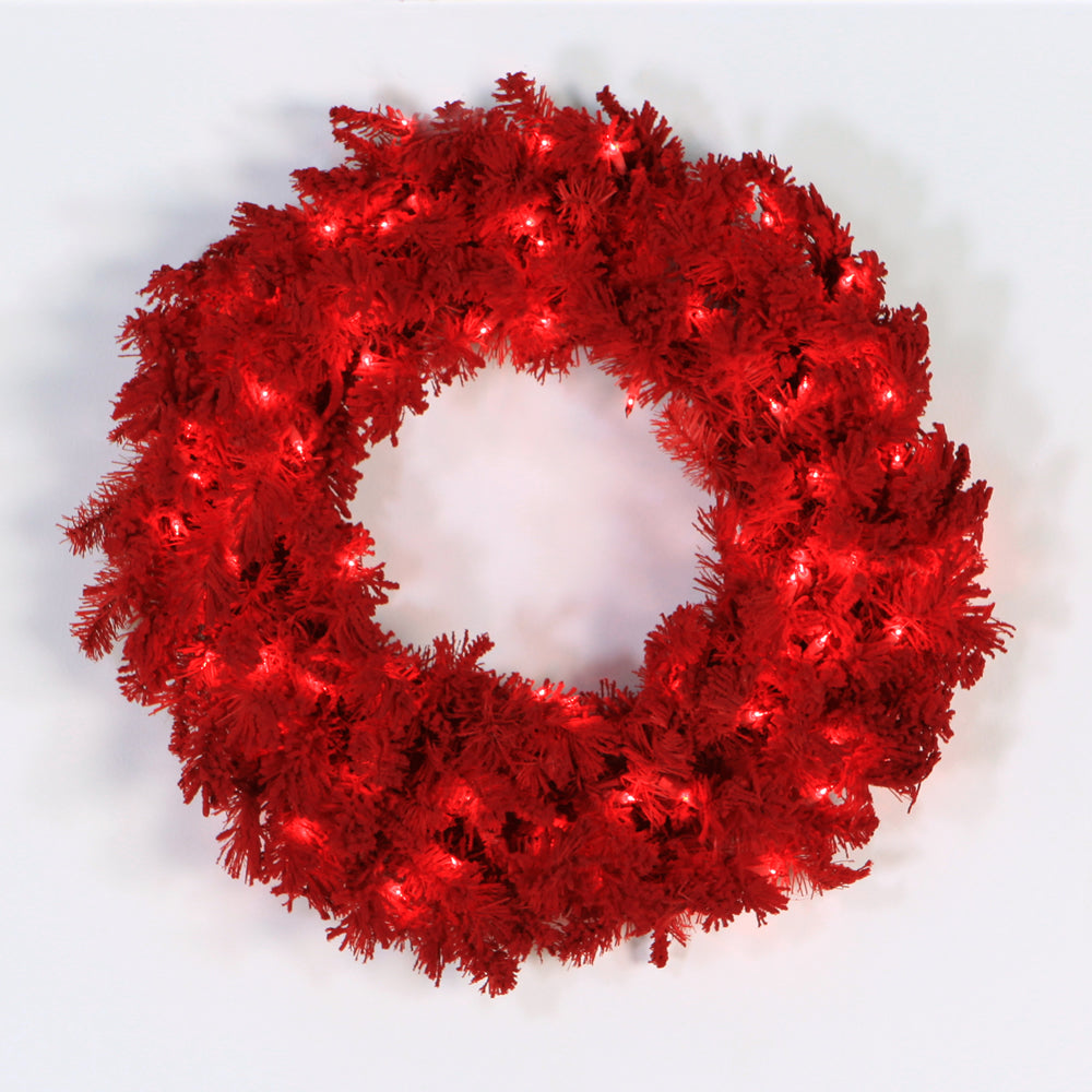 30" Flocked Red Artificial Wreath - 180 PVC Tips 100 Red Dura-Lit LED Lights