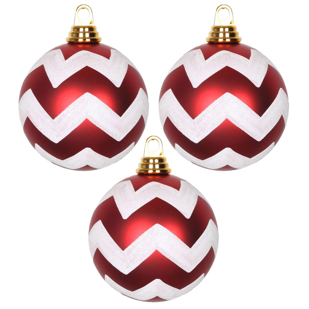 3PK - Vickerman 4.75 in. Red-White Matte Glitter Chevron Ball Christmas Ornament