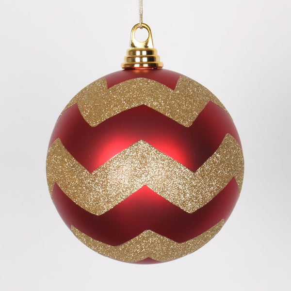 Vickerman 6 in. Red-Gold Matte Glitter Chevron Ball Christmas Ornament ...