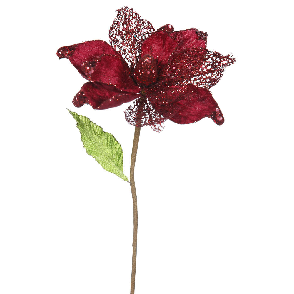 6PK - 22" Burgundy Magnolia 8" Glitter Flower Decorative Christmas Stem